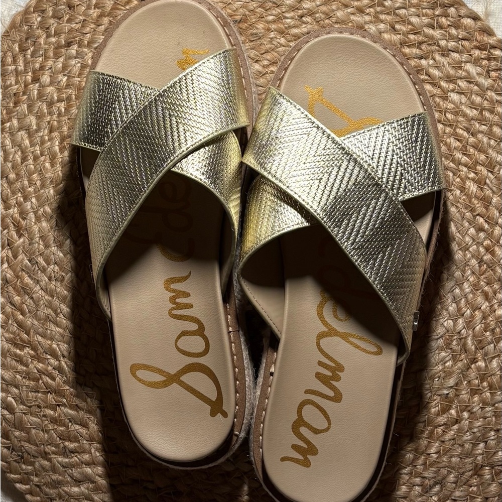 Sam Edelman Metallic Gold Cross Strap Sandals - Picture 2 of 6